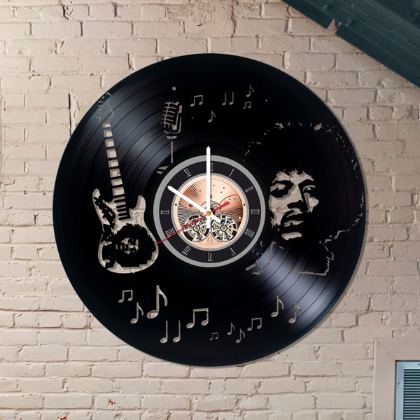 Horloge de travail d'art Jimi Hendrix, fabriquée à partir d'un véritable disque vinyle, horloge murale 12", idée cadeau d'anniversaire pour les guitaristes, décoration murale moderne pour la maison