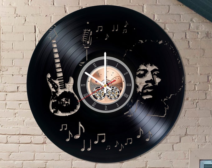 Jimi Hendrix art work clock, Made from real vinyl record, Wall clock 12",birthday gift idea for guitar players, modern wall décor for home