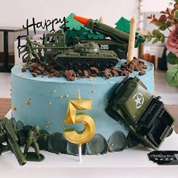 War Army Tanks Themed Party Cake Topper Plugin Decoration Set