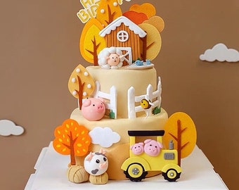 Cute Farm Animal Cow Pig Sheep Cartoon Cake Topper Decoration Set