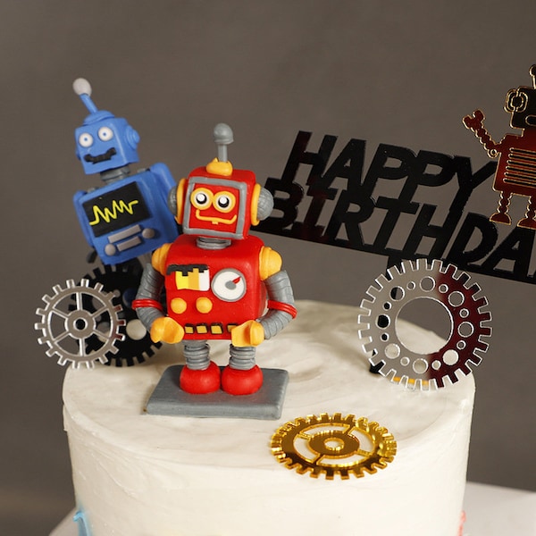 Robot AI Robotic Toy future boy themed party Cake Topper Plugin Decoration Set gift for him kids boy man girls children birthday party