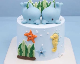 Conjunto de decoración de complementos para decoración de tarta con tema de océano, caballito de mar y delfín azul