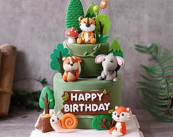 Cute Animal Tiger Elephant Fox Snail Cartoon Cake Topper Decoration Set