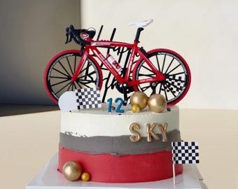 Cycling Cake Topper Set – Bicycle, Bike, Cyclist, Racing Flags, Custom Name & Age, Birthday Party Decor