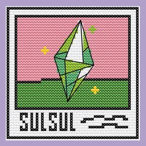 May include: Cross-stitch design showing a geometric green and white crystal on a pink and green background. The word "SULSUL" is stitched in white at the bottom. The design is framed in black and set against a lavender background.