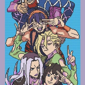 May include: A pixelated image of six anime characters in various poses, set against a light blue background. The characters are in a group, with some making peace signs and others giving a thumbs up. The color palette includes shades of blue, purple, green, and yellow.