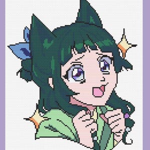 May include: Cross-stitch portrait of an anime-style character with green hair and eyes, and a light green outfit. The character has a playful expression, with their tongue sticking out. The background is white with a light purple border, and there are starbursts.