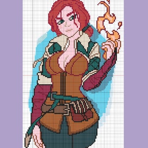 Peut inclure: Illustration en pixel art d'une femme aux cheveux roux, vêtue d'une tenue marron et verte avec une ceinture et des poches. Elle tient une flamme dans sa main. L'arrière-plan est une forme bleu clair.