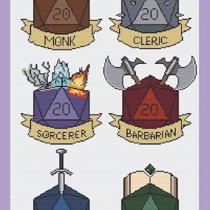 May include: A cross-stitch design featuring six D20 dice, each representing a different character class: Monk, Cleric, Sorcerer, Barbarian, Warlock, and Master. Each die has a number 20 on it and is decorated with class-specific symbols.