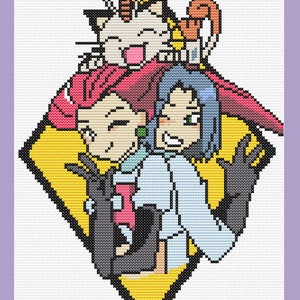 Pode incluir: Um design de ponto cruz com três personagens de desenhos animados e um gato, em um diamante amarelo. Os personagens têm roupas vermelhas, azuis e brancas. O gato é branco e creme. O fundo é branco com uma borda lavanda.
