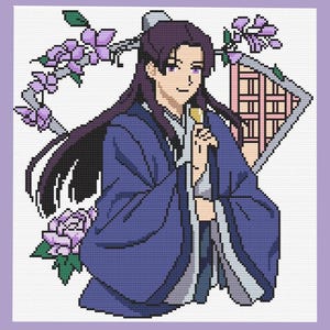 Puede incluir: Diseño de punto de cruz que representa a un personaje con una túnica azul, pelo largo oscuro y ojos morados. El personaje sostiene un objeto pequeño y está rodeado de flores moradas y un abanico decorativo.