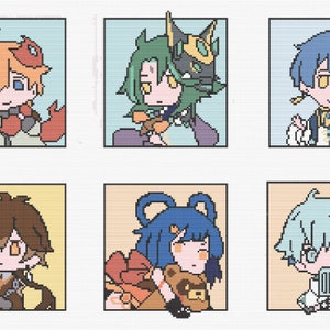 以下が含まれることがあります： カラフルなフレームの中に、アニメキャラクターのピクセルアートイラストが6つあります。キャラクターはそれぞれ色が異なり、髪型や表情も異なります。
