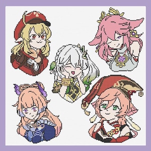 May include: Five cartoon characters with different colored hair and outfits. The characters are all smiling and have large eyes. The characters are set against a white background.