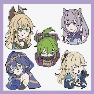 Puede incluir: Una ilustración digital de cinco personajes de anime con diferentes colores y estilos de cabello. Los personajes están dibujados en un estilo pixelado y se colocan sobre un fondo blanco.