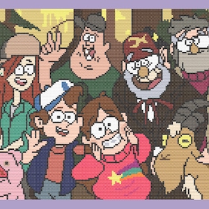 Könnte beinhalten: Ein Kreuzstichmuster mit den Charakteren aus der Zeichentrickserie Gravity Falls. Die Charaktere sind Dipper Pines, Mabel Pines, Stan Pines, Ford Pines, Wendy Corduroy, Soos Ramirez und Waddles das Schwein. Das Muster ist im Pixel-Stil gehalten und zeigt eine Vielzahl von Farben.