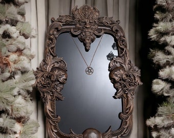 Scrying mirror black glass Gothic Oak frame mirror Wall mirror décor Natural wood