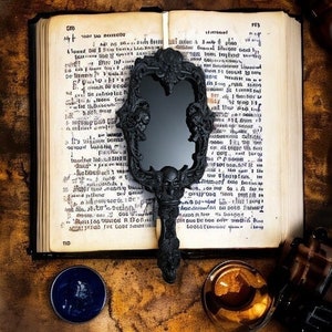 Black Hand Mirror with Demons Scrying mirror black glass Gothic  frame mirror décor Natural wood