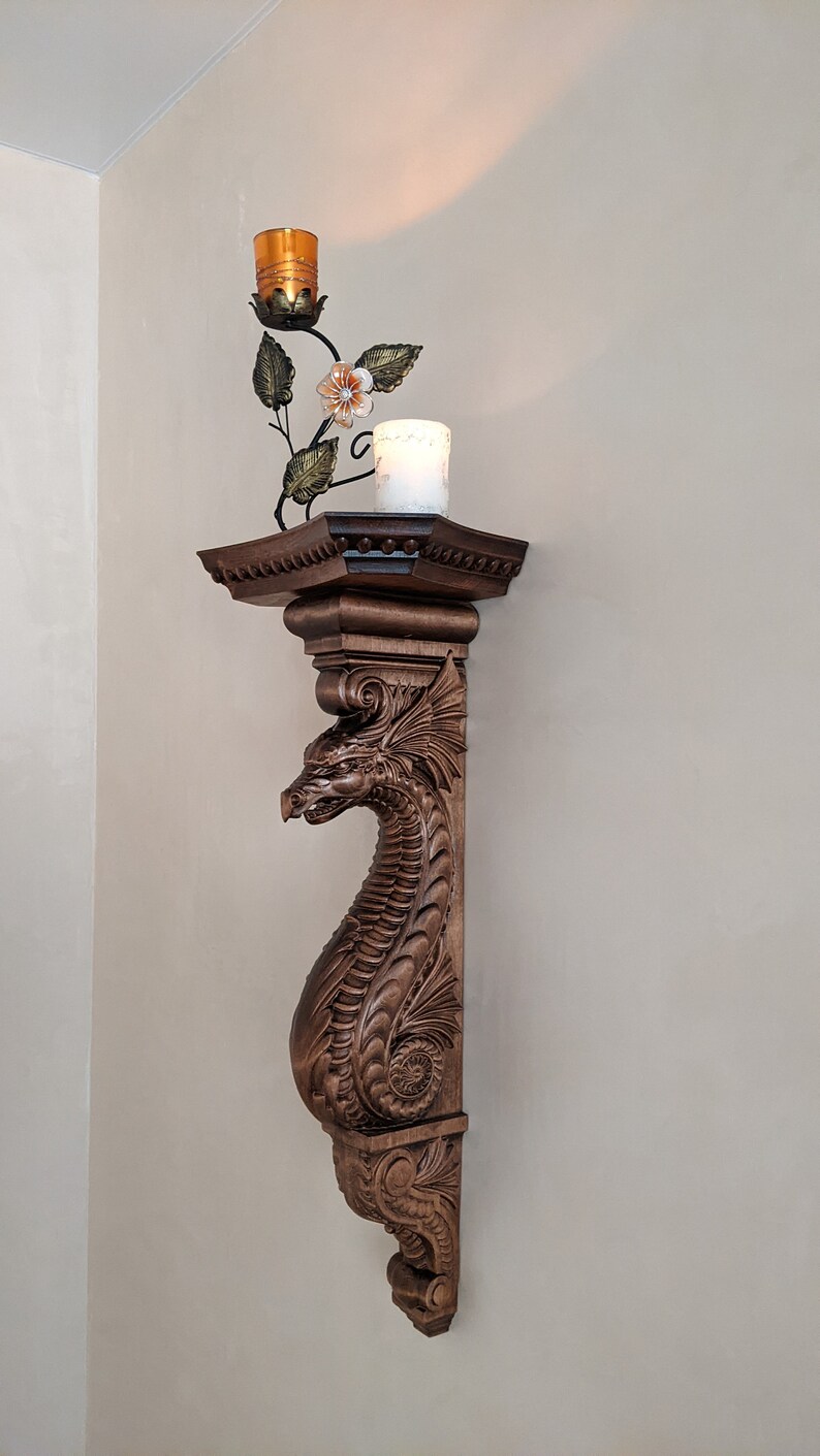 Wall Bracket Shelf Carved Wooden Dragon Corbel Unique Wall Etsy