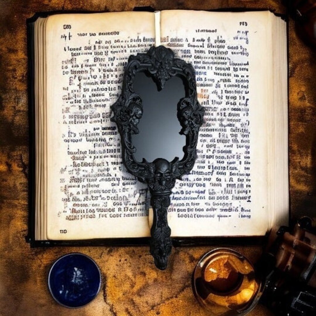 Black Hand Mirror With Demons Scrying Mirror Black Glass Gothic Frame Mirror Décor Natural Wood