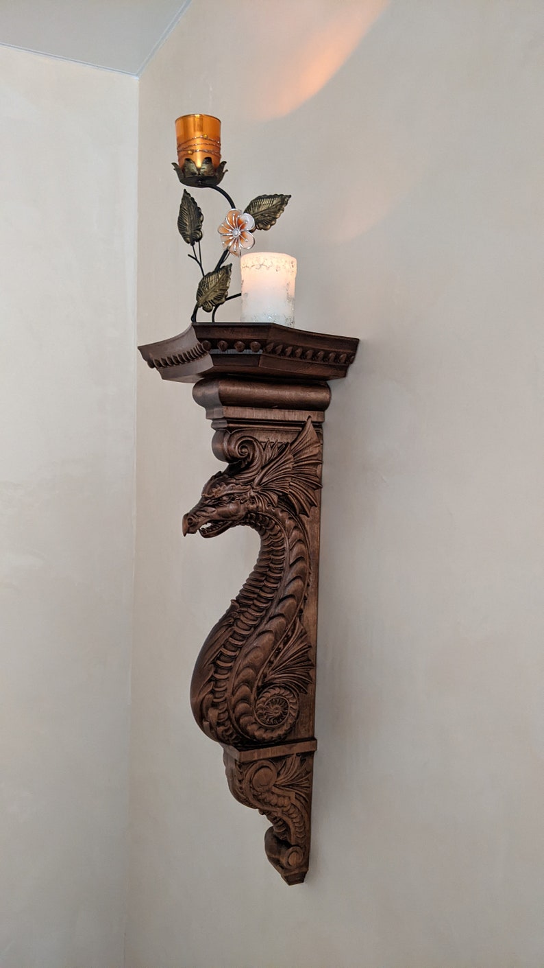 Wall Bracket Shelf Carved Wooden Dragon Corbel Unique Wall Etsy