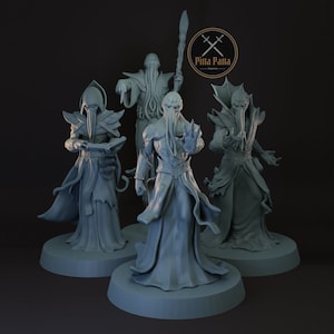 May include: Four grey painted miniature figures of humanoid figures with tentacles for mouths wearing robes. The figures are standing on round bases.