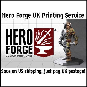 May include: Hero Forge logo with a red background and a sword and anvil design. The text "Hero Forge Custom Miniatures" is below the logo. A miniature figure of a fantasy character is standing on a grey base.