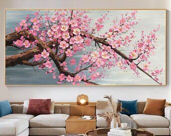 Pink Cherry Blossom Canvas Wall Art Painting, Original Textured Palette Knife Flower Painting Floral Art Modern Living Room Home Wall Decor