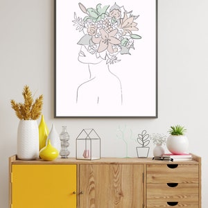 Modern Line Drawing, Line Art Women Print, Flower Face Wall Art, Minimalist Line Drawing Art, Floral Head Print, Abstract Home Decor