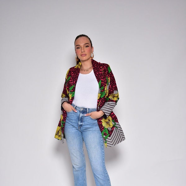 Veste Blazer Fleurie Multicolore en Wax - Élégance Florale