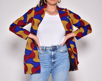 Veste Blazer en Wax 100% Coton - Élégance Rouge, Jaune et Bleu