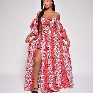 Roze en witte crop top en rok van 100% katoenwas - geometrische bloemenelegantie