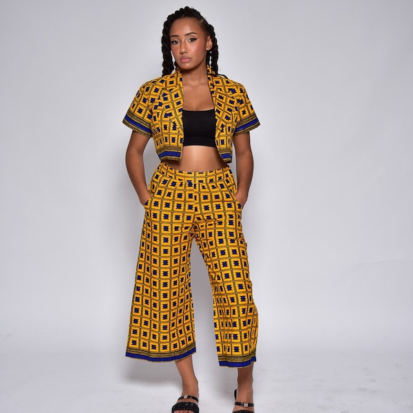 Mini Jacket and Cropped Trousers Set in 100% Cotton Wax - Yellow and Blue Geometric Shine