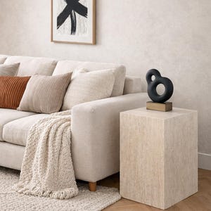 May include: A modern living room scene featuring a beige sofa with decorative pillows and a textured throw blanket. A black abstract sculpture sits atop a light-colored side table. A framed artwork with a black brushstroke design hangs on the wall.