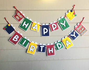 Colorful building block birthday banner. Building block Party. Playroom decoration. Lego fan celebration decor. Brick Photo prop, kids party
