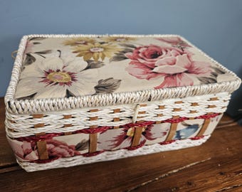 Vintage retro floral rattan sewing basket