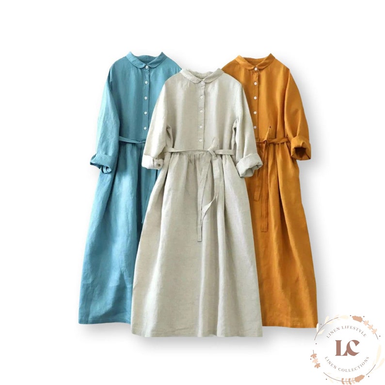 Linen Dress Linen Shirt Dress Linen Midi Dress Waist Belt Etsy