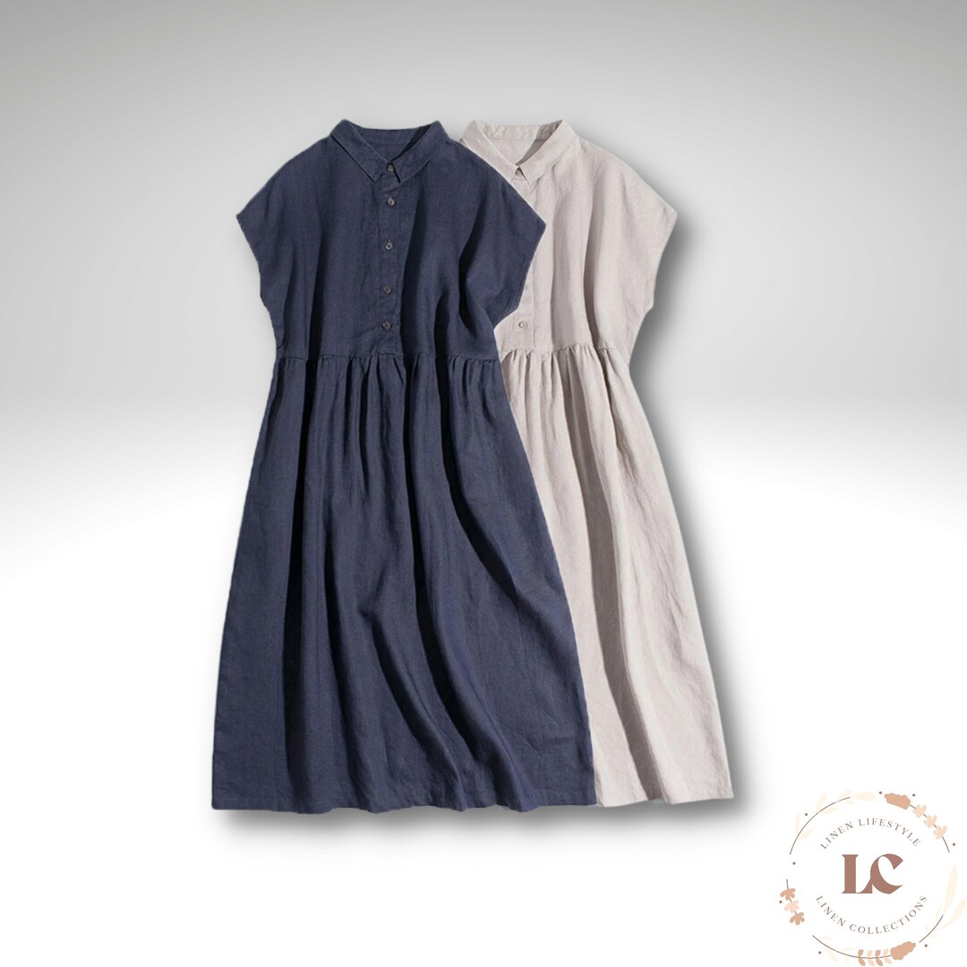 Cotton Linen Summer Shirt Dress With Buttons Turndown Collar Etsy