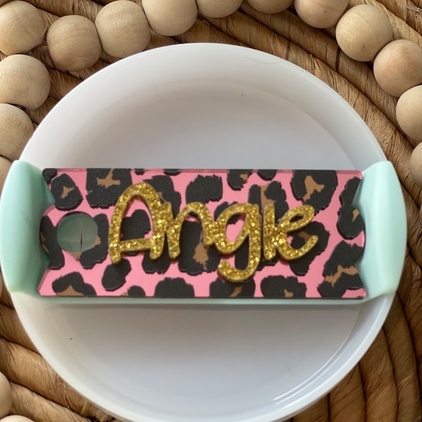 Pink mirrored leopard tumbler topper stanley accessory 40 and 30 oz topper personalized name tag cup topper leopard tumbler tag name plate