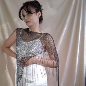 Handmade Sequin Triangle Shawl, Practical Knitted Scarf or Belt, Black with Silver Sequins