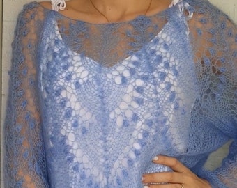 Mohair sweater - Delicate mohair sweater - Hand-knitted openwork jumper - Mohair pullover - Oversized mohair sweater - Blue moher sweater