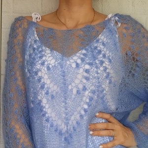 Mohair sweater - Delicate mohair sweater - Hand-knitted openwork jumper - Mohair pullover - Oversized mohair sweater - Blue moher sweater