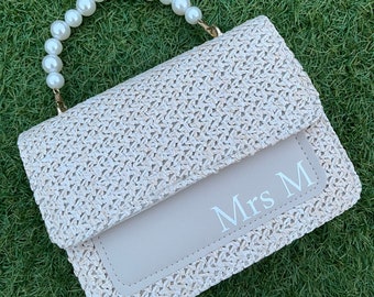 Personalised pearl bridal bag | Mrs Bag | Bride to Be | Bridal Shower Gift | Woven Bag | Pearl Clutch