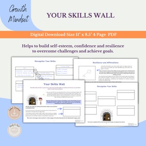 May include: A printable worksheet for building self-esteem, confidence, and resilience. The worksheet features a castle with a keyhole and the text "Your Skills Wall". The worksheet is designed to help users identify and recognize their skills and strengths.