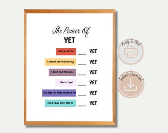 May include: A printable poster with the text "The Power of YET" and a list of phrases with the word "YET" at the end of each phrase. The phrases are: "I cannot do this", "I cannot see me achieving", "I don't have the skills", "I cannot cope", "This does not make sense to me", and "I have never been able to".