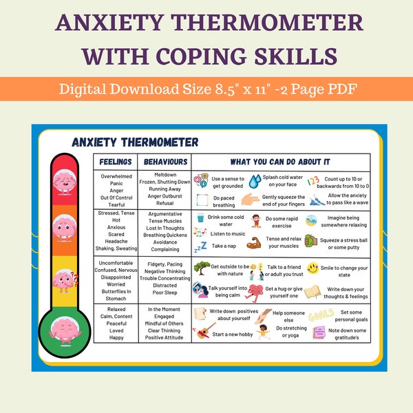 Anxiety Thermometer & Coping Skills - Emotions Feelings CBT Printable Poster For Kids Teens - Anxiety Management Handout Therapy Counsellor