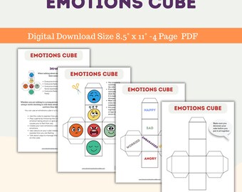 May include: A printable PDF download of four pages with instructions and templates for creating an emotions cube. The cube is designed to help children learn about and express their feelings. The pages include a variety of emotions, such as happy, sad, worried, angry, and embarrassed.