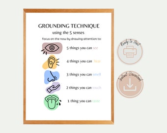 May include: A printable grounding technique poster with colourful icons representing the five senses. The poster lists five things you can see, four things you can hear, three things you can smell, two things you can touch, and one thing you can taste.