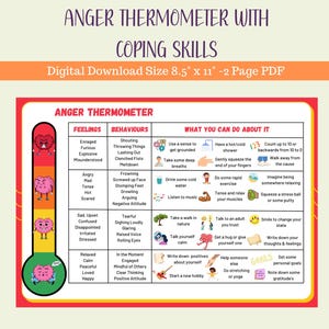 Anxiety Thermometer & Coping Skills - Emotions Feelings CBT Printable Poster For Kids Teens - Anxiety Management Handout Therapy Counsellor