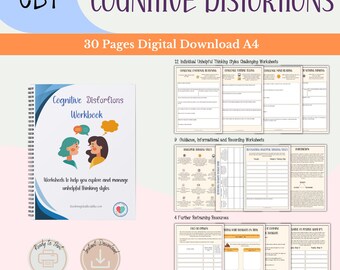May include: A digital download workbook titled "Cognitive Distortions Workbook" with 30 pages. The cover features illustrations of two people and speech bubbles. The image also shows worksheets for challenging unhelpful thinking styles and further resources.