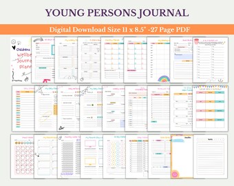 May include: A 27-page PDF printable journal for young people, featuring colourful pages with various sections for daily planning, goal setting, and self-reflection. The journal includes sections for "My Daily Routine", "My Monthly Goals", "My Favourite Things", and "My Bucket List".